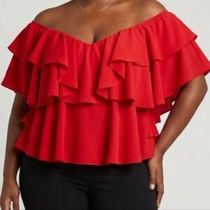 Boohoo Plus Red Ruffle Off-Shoulder Top